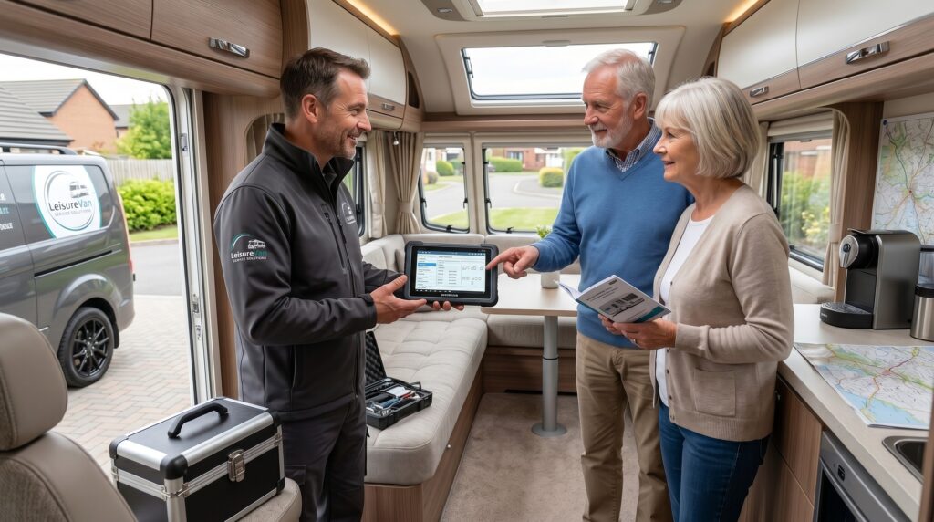 Caravan and motorhome engineer answering customer questions in South Yorkshire