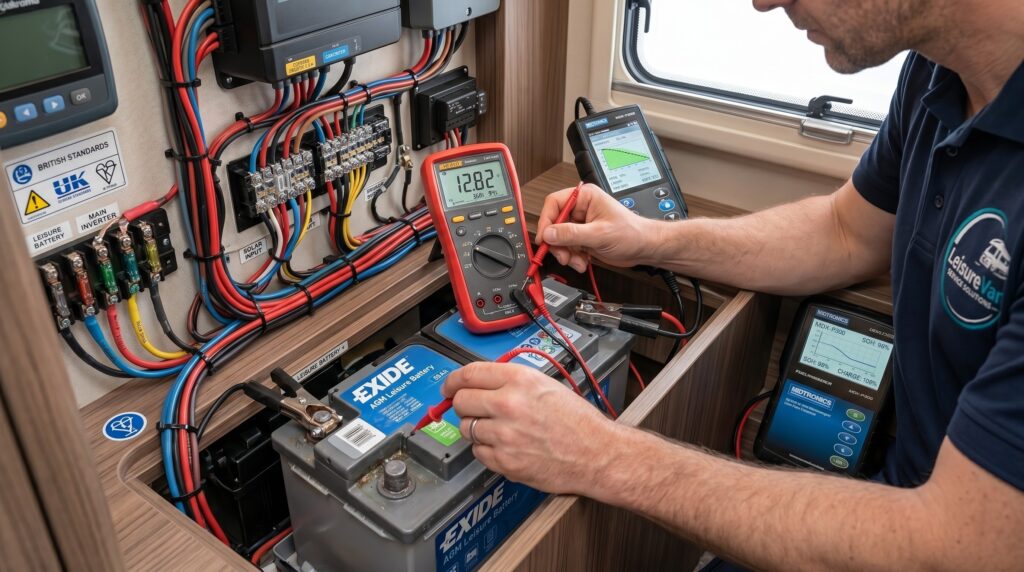 Engineer testing a leisure battery in a motorhome using professional diagnostic equipment.