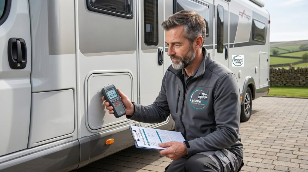 Engineer carrying out Damp Testing South Yorkshire on a motorhome