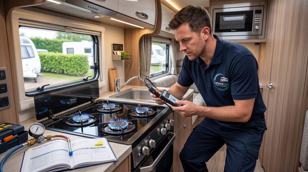 Technician inspecting a motorhome gas appliance during a safety check.