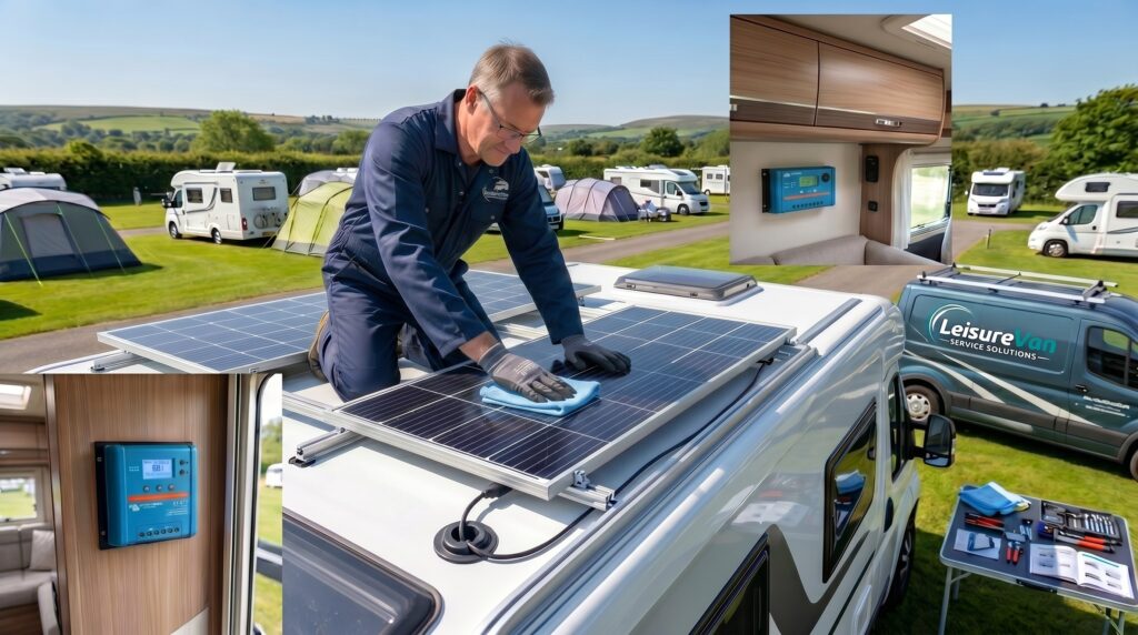 Qualified motorhome technician installing solar panels on the roof of a motorhome at a UK campsite.