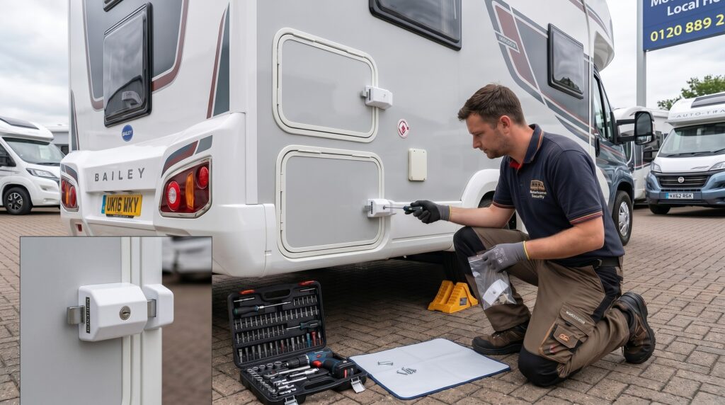 Motorhome Technician installing Milenco motorhome locker security locs